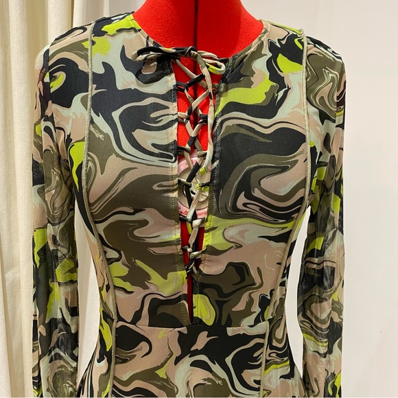 H&M Khaki Green/Patterned Mini Dress, Tie-Up, Mesh, Defined Seams, Women’s, US M - Picture 9 of 13